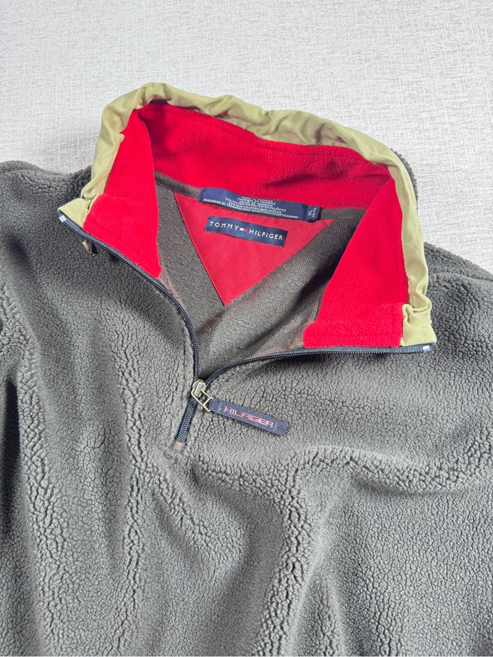 Tommy Hilfiger Olive Fleece Quarter-Zip with Red Inner Collar and Tan Trim XL